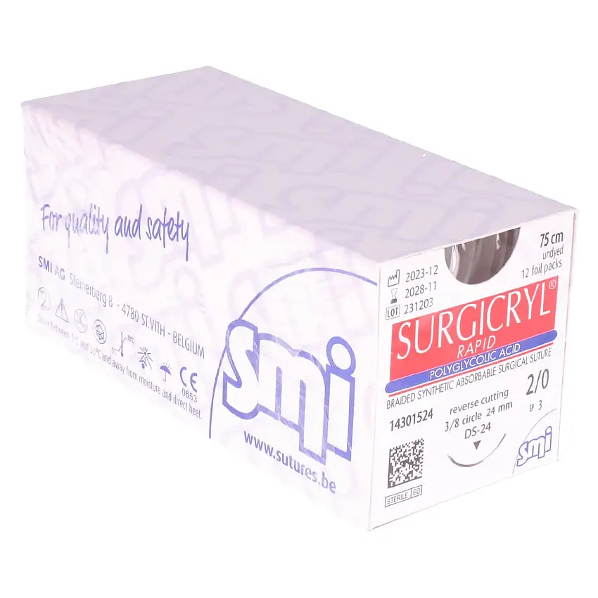 SMI Matériel de suture Surgicryl Rapid USP 2/0 (EP 3), 75 cm et DS 24 mm