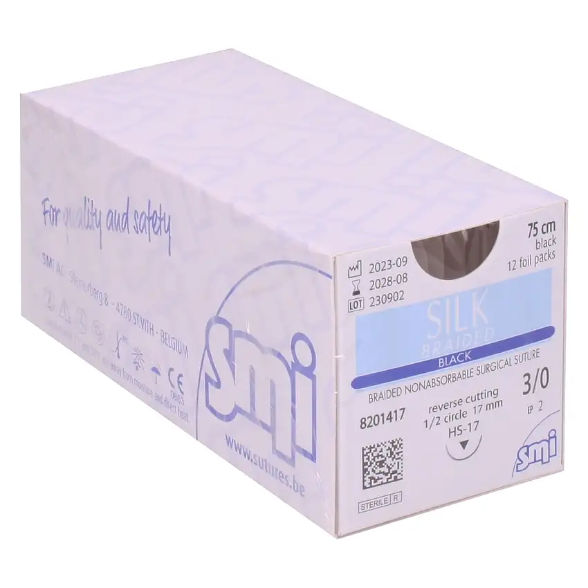 SMI Matériel de suture Silk Braided Black USP 3/0 (EP 2), 75 cm et HS 17 mm