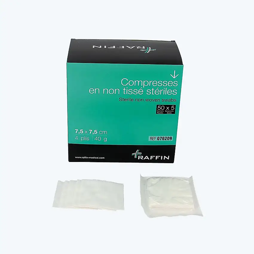 Compresse non tissée stérile - 40 g/m² - 4 plis - Sachet de 5 - Raffin
