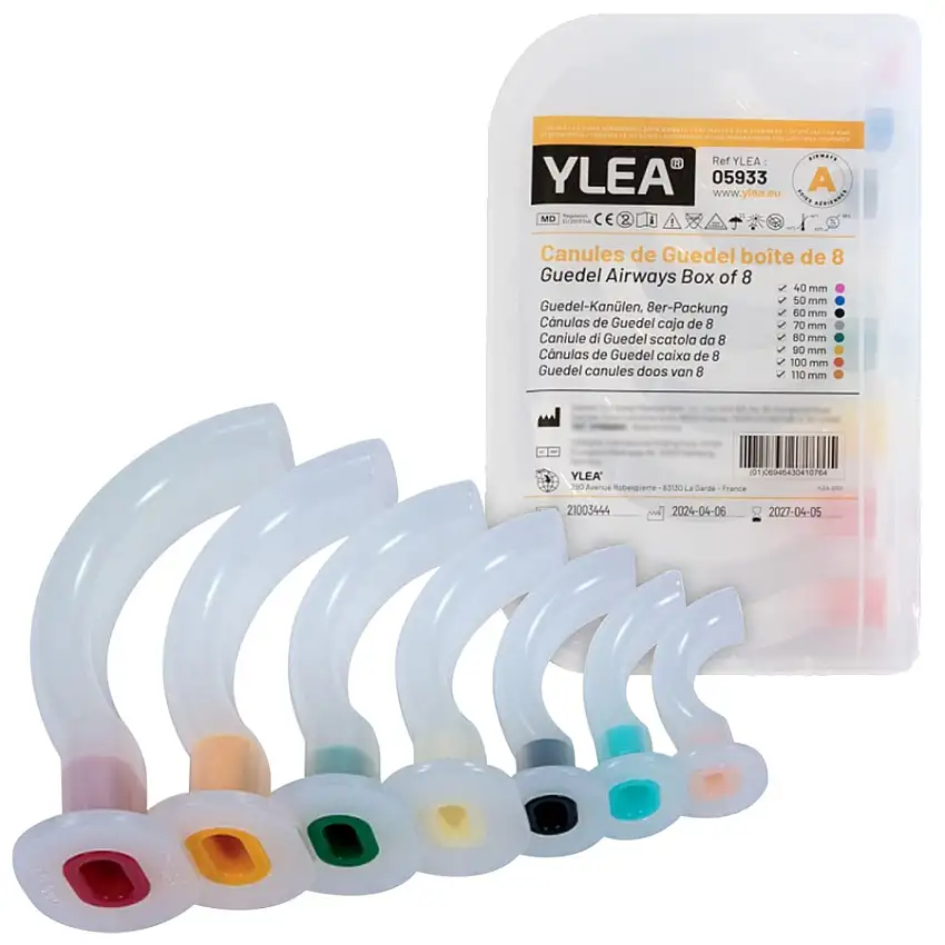Assortiment de 8 canules oropharyngée de Guedel non-stérile avec boite