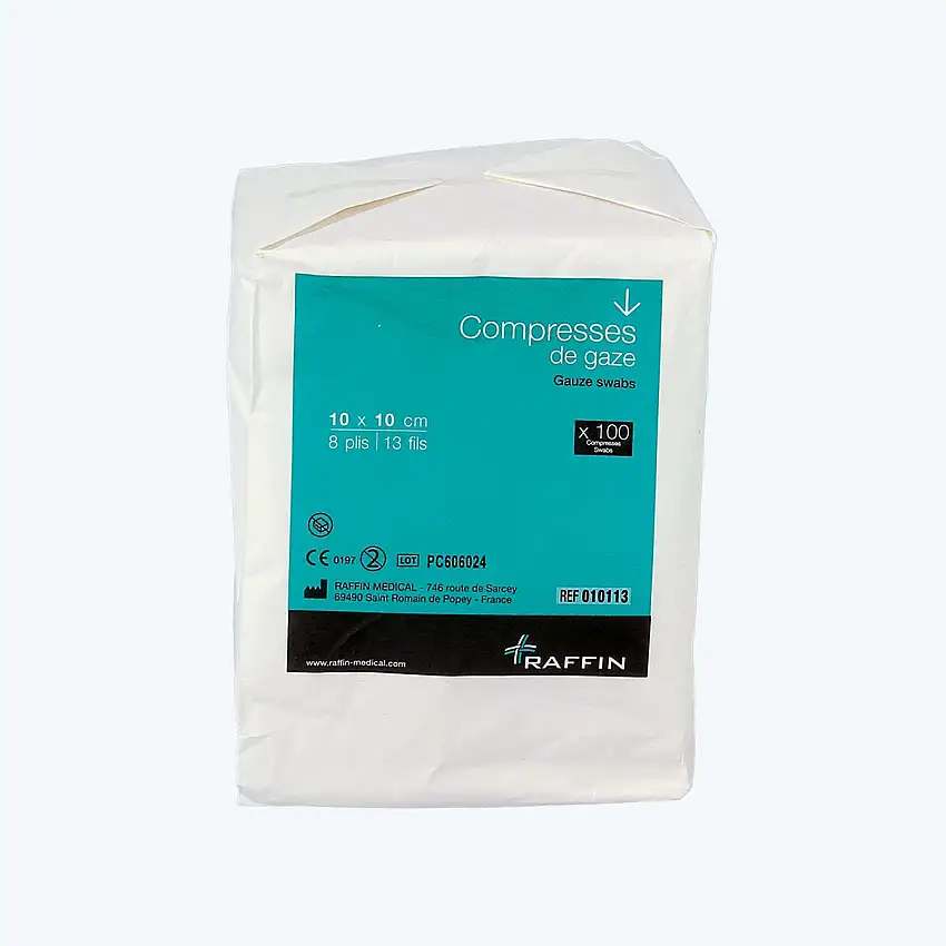 Compresse de gaze - Non stérile - 8 plis 13 fils - Sachet de 100 - Raffin