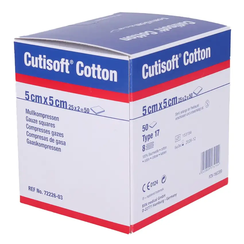 BSN Compresses Cutisoft Cotton Stérile, pliée 8 fois, 5 x 5 cm