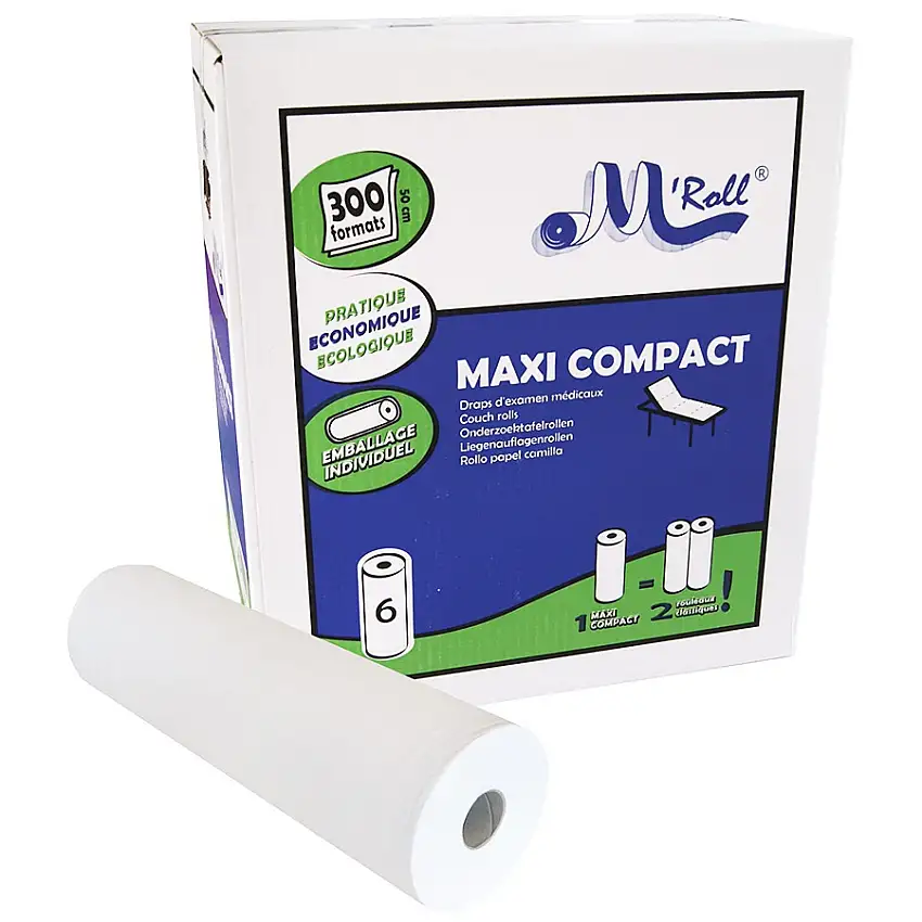 Drap d'examen jetable Maxi Compact ouaté - 300 formats (50x35 cm) - 6 rouleaux
