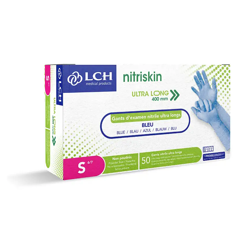 Gant d'examen Nitriskin non poudré bleu Extra Long 40cm, boite de 50 - S-Petit 6/7