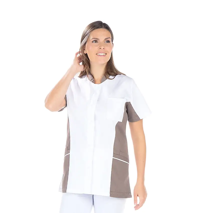 Tina - Short Sleeve Tunic - Women - 75 cm - White/Taupe Twill / T00 - XXS