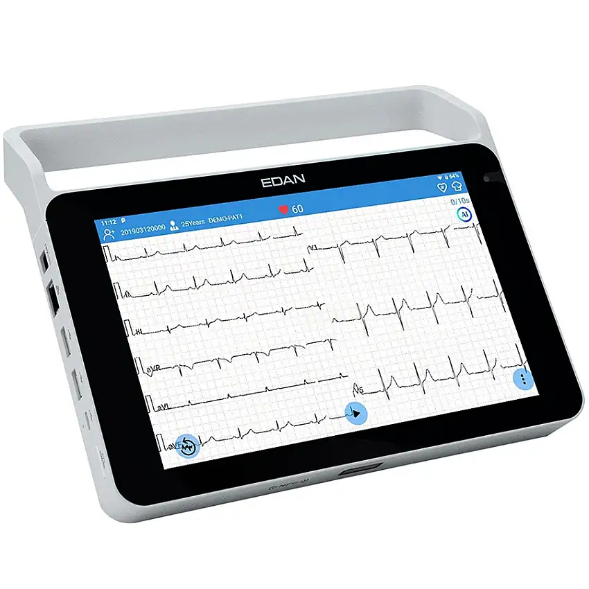 Electrocardiographe EDAN iSE sur tablette tactile avec poignée