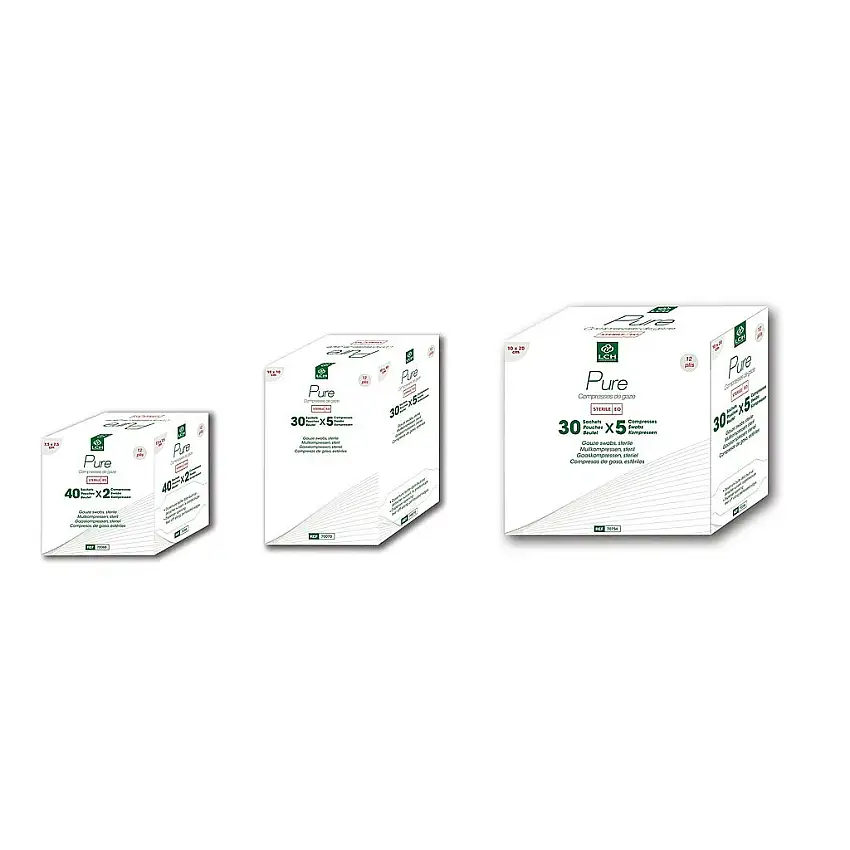 Compresse de gaze stérile 13 fils-12 plis - LCH - 30 sachets de 5 / 10 x 10 cm - 50 sachets de 2 compresses