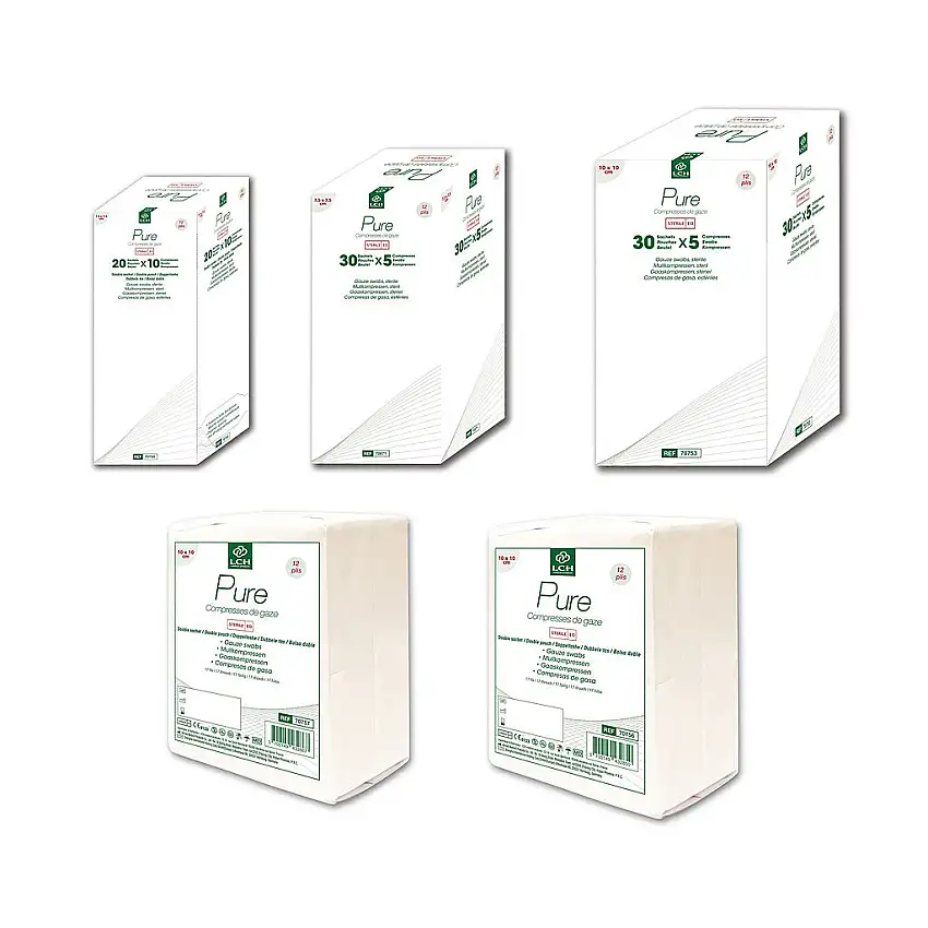 Compresse de gaze stérile 17 fils-12 plis - LCH - 30 sachets de 5 / 10 x 10 cm - 50 sachets de 2 compresses