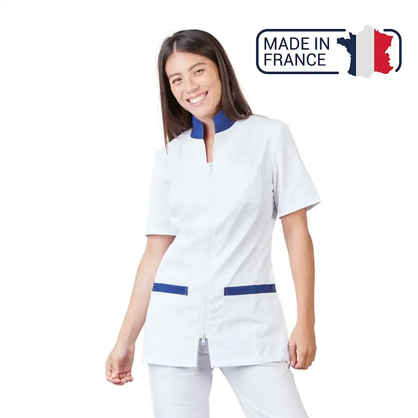 Danaé - Short Sleeve Blouse - Women - 73 cm - Phirejo - White / Dark Navy / XS