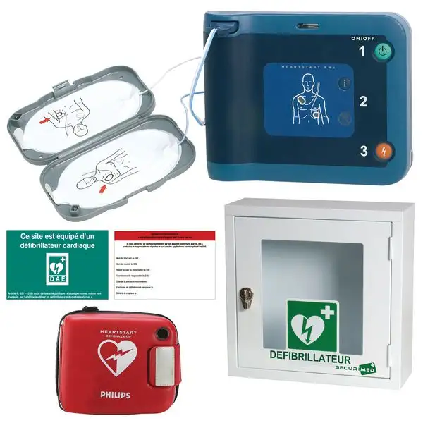 Pack défibrillateur FRX avec housse, armoire, panneau et étiquette de maintenance