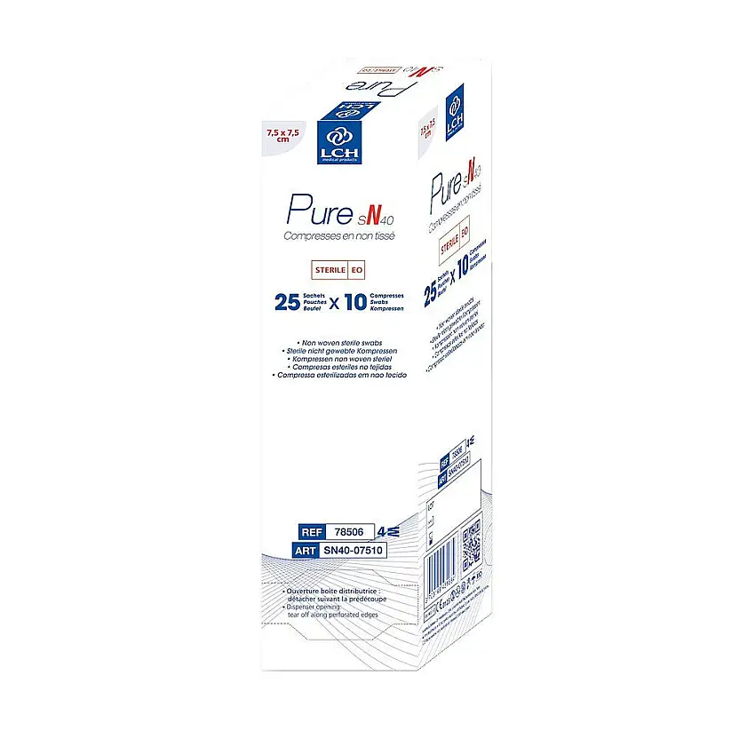 Compresses en non tissés stériles PURE sN40 LCH - sachet de 10 - 7,5 x 7,5 cm