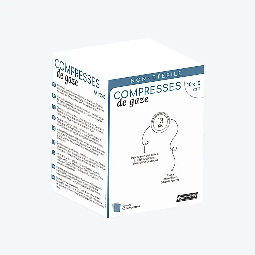 Compresse de gaze - Stérile - 12 plis 13 flis - 10 x 10 - Par 100 - Euromedis