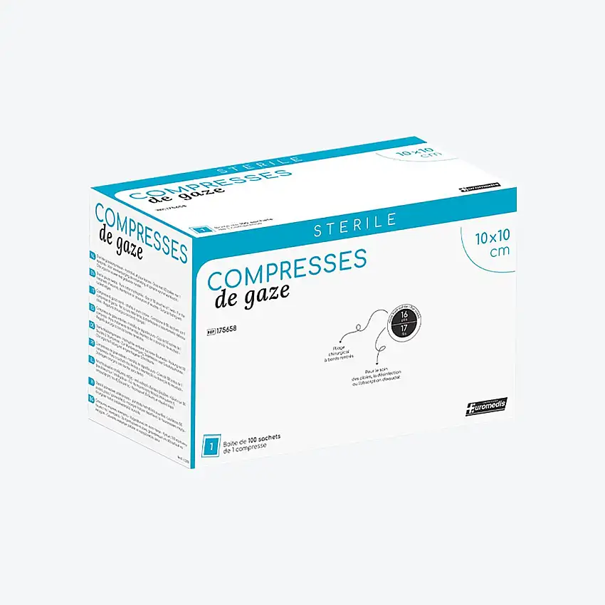 Compresse de gaze - Stérile - 16 plis 17 flis - 10 x 10 - Par 100 - Euromedis