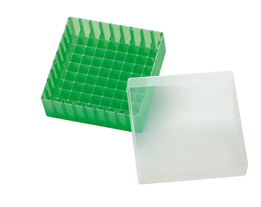 BOITE EN PP VERT POUR 81 MICROTUBES 1,5-1,8-2ML + COUV.