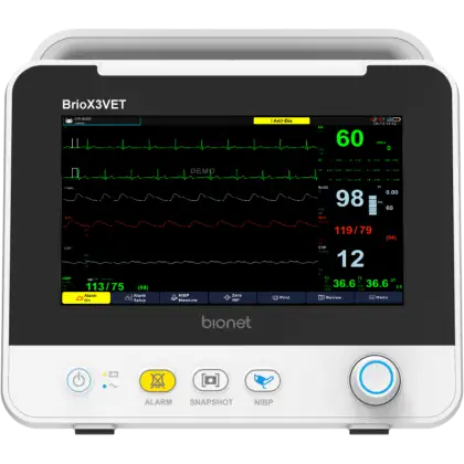 Moniteur de signes vitaux vétérinaire Bionet Brio X3VET (ECG, Resp, SpO2, 2xTemp, 2xIBP)