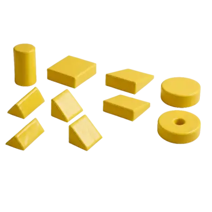 Set de 10 cales de maintien en mousse peau jaune plastifiée - avec coffre