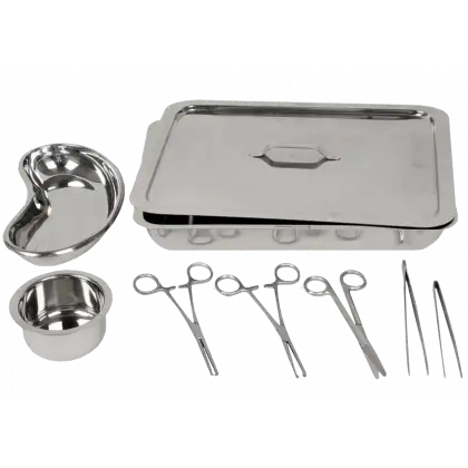 Set de 8 instruments pour pansement avec boite inox et récipients