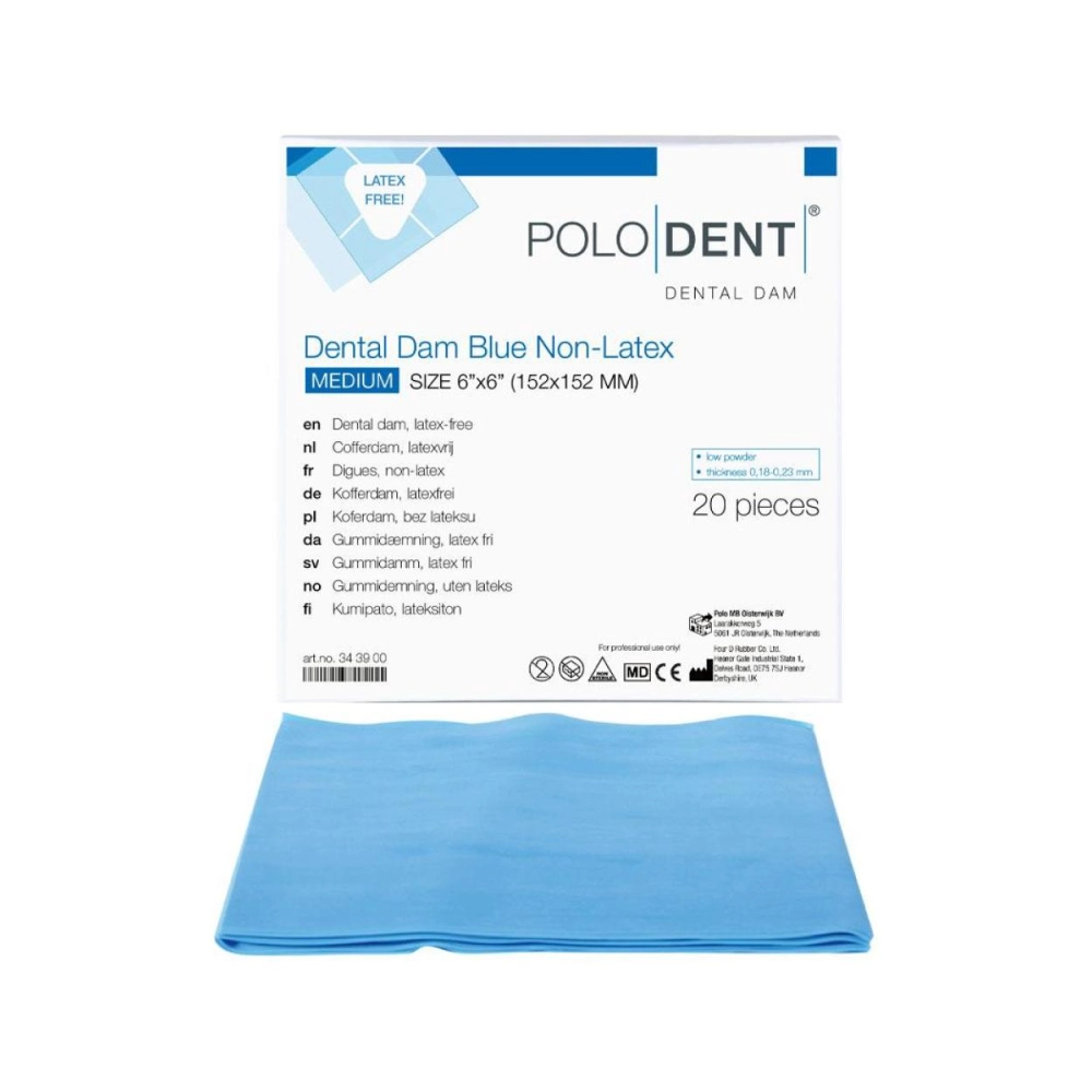 PoloDent Dental Dam Medium bleu 6"x6" ( Non-Latex) 20 carrés