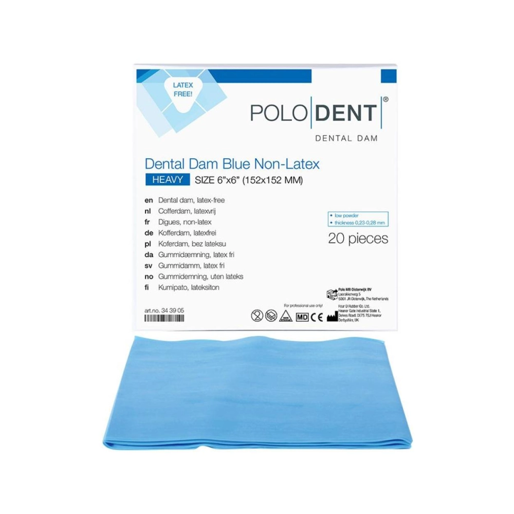 PoloDent Dental Dam Heavy bleu 6"x6" (Non-Latex) 20 carrés