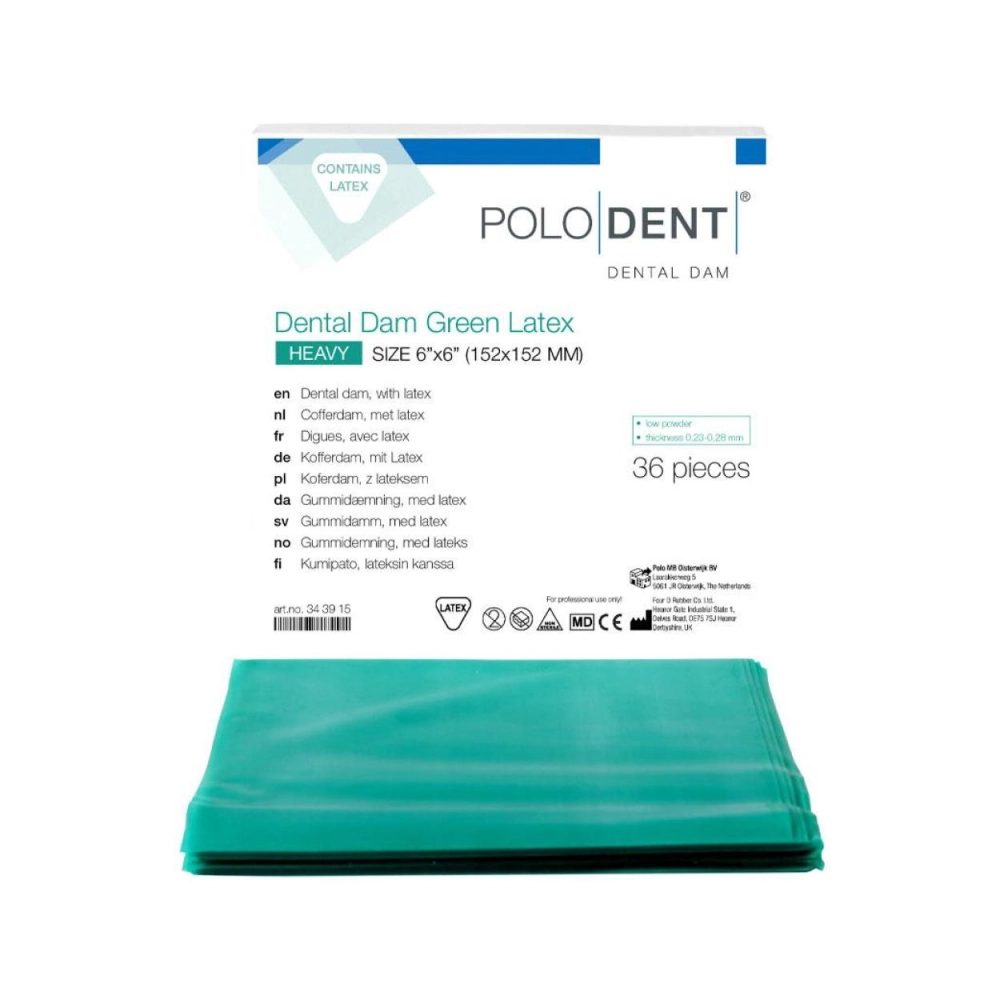 PoloDent Dental Dam Heavy vert 6"x6" Latex 36 carrés