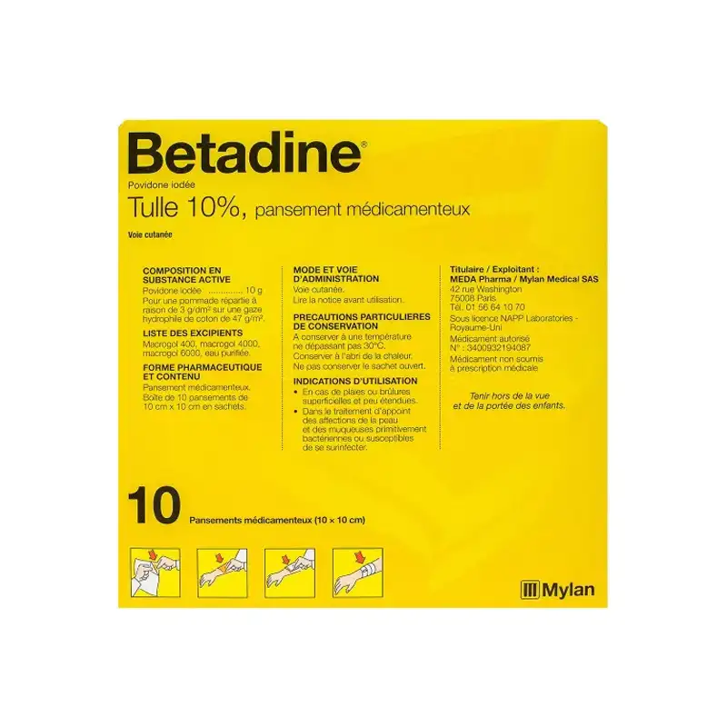 Betadine Tulle 10% Mylan 10 pansements médicamenteux