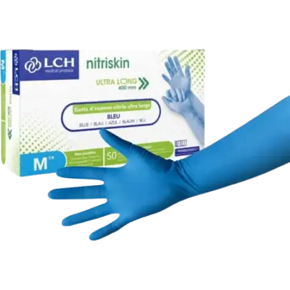 Gants d'examen nitrile Nitriskin bleu non poudré non stérile - manchette extra longue (boîte de 50)